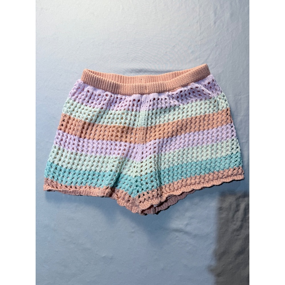 Art Class Girls Crochet Knit Striped Shorts Pastel Pink Purple Teal Size L 10/12